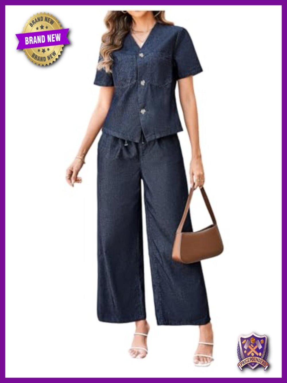 WDIRARA 2 Piece Denim Outfit Button Down Shirt & Wide Leg Pants Set